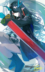 Rule 34 | 1girl, absurdres, arknights, black hair, black jacket, black skirt, boots, closed mouth, colored skin, commentary request, dusk (arknights), earrings, full body, green hair, green skin, highres, holding, holding sword, holding weapon, horns, jacket, jewelry, long hair, long sleeves, looking at viewer, multicolored hair, one eye covered, pointy ears, red eyes, shinonome nemu (nemulog sn), skirt, solo, streaked hair, sword, weapon