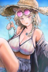 Rule 34 | 1girl, absurdres, animal ear fluff, animal ears, aqua nails, arknights, bad id, bad pixiv id, bare shoulders, beach, bikini, black jacket, blonde hair, blue background, blush, braid, breasts, cleavage, commentary request, crazy straw, cup, day, drinking glass, drinking straw, eyewear on head, female focus, hachiko (0088), hair ornament, hairclip, hat, heart straw, highres, holding, holding cup, jacket, jewelry, knee up, large breasts, long sleeves, nail polish, necklace, official alternate costume, open clothes, open jacket, open mouth, purple eyes, short hair, side braid, single braid, sitting, solo, straw hat, striped bikini, striped clothes, sunglasses, sweat, swimsuit, swimsuit cover-up, tail, thighs, tinted eyewear, utage (arknights), utage (summer flowers) (arknights), vertical-striped bikini, vertical-striped clothes, weapon, wet, wet clothes, white bikini, wide sleeves, x hair ornament