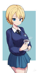 Rule 34 | 1girl, artist name, asutoro (s--t), blonde hair, blue eyes, braid, closed mouth, commentary, cup, darjeeling (girls und panzer), girls und panzer, green background, highres, holding, holding cup, holding saucer, looking at viewer, outside border, saucer, school uniform, short hair, signature, smile, solo, st. gloriana&#039;s school uniform, standing, steam, teacup
