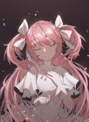 Rule 34 | 1girl, bow, choker, closed eyes, closed mouth, dark background, dress, facing viewer, frilled sleeves, frills, gloves, hair bow, hand on own chest, hands up, head tilt, highres, kaname madoka, light smile, long hair, mahou shoujo madoka magica, mahou shoujo madoka magica (anime), petals, short sleeves, solo, two side up, ultimate madoka, user aeug4825, white bow, white choker, white dress, white gloves, wide sleeves