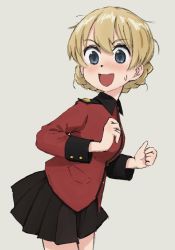 Rule 34 | 10s, 1girl, black skirt, blonde hair, blue eyes, blush, braid, commentary, darjeeling (girls und panzer), epaulettes, from side, girls und panzer, grey background, jacket, leaning forward, long sleeves, looking at viewer, looking back, messy hair, military, military jacket, military uniform, miniskirt, nogitatsu, open mouth, pleated skirt, raised eyebrows, red jacket, short hair, skirt, smile, solo, st. gloriana&#039;s military uniform, surprised, sweatdrop, swept bangs, twin braids, uniform