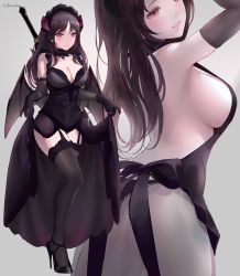 Rule 34 | 1girl, :d, apron, arm up, armpits, artist name, ass, back bow, backless dress, backless outfit, bad id, bad pixiv id, bare back, bare shoulders, bat wings, black bow, black choker, black dress, black footwear, black gloves, black hair, black headwear, black panties, black thighhighs, bow, breasts, choker, chowbie, cleavage, clothes lift, dress, dress lift, elbow gloves, garter straps, gloves, gradient background, grey background, halterneck, high heels, large breasts, lifting own clothes, long hair, looking at viewer, maid, maid master, multiple views, naked apron, open mouth, original, panties, purple eyes, sideboob, skindentation, sleeveless, sleeveless dress, smile, stiletto heels, thighhighs, underwear, vampire, wings