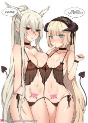 Rule 34 | 2girls, alternate language, aqua eyes, arknights, arm around waist, artist name, asymmetrical docking, babydoll, bad id, bad pixiv id, bare shoulders, black choker, black nails, black panties, black ribbon, blonde hair, blunt bangs, blush, breast press, breasts, brown eyes, canape (canape0130), choker, cleavage, collarbone, commentary request, cowboy shot, demon girl, demon horns, demon tail, english text, female focus, frilled hairband, frills, hairband, heart, high ponytail, highres, horns, korean commentary, lolita hairband, looking at viewer, medium breasts, multiple girls, nail polish, navel, nightingale (arknights), nipples, nose blush, panties, parted lips, patreon logo, pointy ears, pubic tattoo, ribbon, see-through, shining (arknights), side-tie panties, silver hair, simple background, small breasts, speech bubble, stomach, straight hair, tail, take your pick, tattoo, underwear, underwear only, watermark, web address, white background, wristband