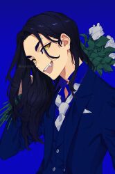 Rule 34 | 1boy, :d, artist name, baji keisuke, black hair, blazer, blue background, blue jacket, breast pocket, buttons, collared shirt, commentary request, dress shirt, facial mark, fang, flower, forehead mark, formal, hair behind ear, hand up, handkerchief, head tilt, holding, holding flower, hua (supa jopa), jacket, lapels, long hair, long sleeves, looking at viewer, male focus, necktie, open clothes, open jacket, open mouth, parted bangs, pocket, rose, shirt, simple background, smile, solo, suit, teeth, tokyo revengers, tsurime, twitter username, upper body, upper teeth only, waistcoat, white flower, white necktie, white rose, white shirt, yellow eyes