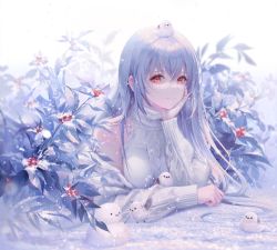 Rule 34 | 1girl, absurdres, animal, animal on head, bare shoulders, bird, bird on head, breasts, closed mouth, commentary, english commentary, head rest, highres, large breasts, long hair, long sleeves, looking at viewer, lying, on head, on stomach, original, plant, red eyes, silver hair, smile, snow, solo, sweater, turtleneck, turtleneck sweater, upper body, white sweater, whois