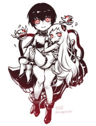 Rule 34 | 10s, 2girls, abyssal ship, airfield princess, ankle boots, bikini, black hair, blush, boots, breasts, carrying, commentary request, enemy aircraft (kancolle), horns, kantai collection, ko-on (ningen zoo), leotard, long hair, monochrome, multiple girls, princess carry, red eyes, ri-class heavy cruiser, short hair, small breasts, swimsuit, white hair, wristband, aged down