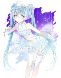 Rule 34 | 1055, 1girl, alternate costume, arm at side, bare legs, bent over, blue eyes, blue hair, center frills, choker, cross-laced clothes, feet out of frame, fingernails, flat chest, frilled choker, frills, gradient background, grey background, hair ornament, hair ribbon, hairclip, hand up, hatsune miku, highres, jewelry, legs apart, long hair, looking afar, midriff, nightgown, pale skin, parted lips, pearl hair ornament, purple background, ribbon, ring, ringed eyes, see-through, shoulder tattoo, simple background, solo, star (symbol), star hair ornament, star in eye, starry background, straight hair, symbol in eye, tattoo, thigh strap, twintails, two-tone background, very long hair, vocaloid, wand, white background, x hair ornament