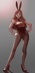 Rule 34 | 1girl, absurdres, animal ears, bare shoulders, breasts, cleavage, collarbone, commentary request, detached collar, earrings, fake animal ears, fishnet pantyhose, fishnets, glasses, hands on own hips, high heels, highres, jewelry, leotard, long hair, looking at viewer, medium breasts, orange hair, pantyhose, pimm (chiramegd), playboy bunny, rabbit ears, red footwear, red leotard, round eyewear, shadow, solo, spy x family, standing, sylvia sherwood, wrist cuffs