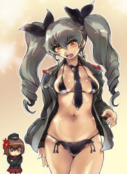 Rule 34 | 10s, 2girls, anchovy (girls und panzer), anger vein, between breasts, black bra, black panties, blush, bra, breasts, brown eyes, brown hair, chibi, drill hair, girls und panzer, grey hair, hat, hisahiko, jacket, large breasts, looking at viewer, md5 mismatch, military, military uniform, multiple girls, navel, necktie, necktie between breasts, nishizumi maho, open mouth, orange eyes, panties, twin drills, twintails, underwear, uniform