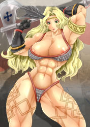 Rule 34 | 1girl, abs, alop-net, amazon (dragon&#039;s crown), areola slip, armlet, armor, bad id, bad pixiv id, bikini, bikini armor, blonde hair, breasts, circlet, dragon&#039;s crown, eyeshadow, feathers, gloves, green eyes, halberd, highres, huge breasts, large breasts, long hair, macto, makeup, muscular, muscular female, polearm, solo, swimsuit, tattoo, thick thighs, thighs, vanillaware, weapon