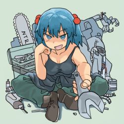 Rule 34 | 1girl, :d, black shirt, blue eyes, blue hair, blue pupils, breasts, bright pupils, brown footwear, chainsaw, cleavage, green pants, hair between eyes, hair bobbles, hair ornament, holding, holding wrench, kawashiro nitori, medium breasts, megame (okbnkn), nail, open mouth, pants, screwdriver, shirt, shoelaces, shoes, short hair, smile, solo, tank top, touhou, wire, wrench