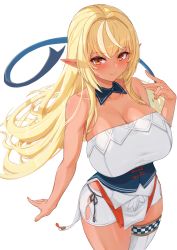 Rule 34 | 1girl, :&gt;, bare shoulders, blonde hair, blush, breasts, checkered clothes, checkered legwear, cleavage, closed mouth, collarbone, commentary, cream cod, dark-skinned female, dark elf, dark skin, detached collar, dress, elf, glint, highres, hololive, huge breasts, jewelry, long hair, looking at viewer, multicolored hair, nail polish, orange eyes, orange nails, pointy ears, ring, shiranui flare, shiranui flare (old design), short shorts, shorts, sidelocks, simple background, single thighhigh, smile, solo, streaked hair, symbol-only commentary, thighhighs, virtual youtuber, wedding band, white background, white thighhighs