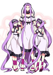 Rule 34 | 3girls, absurdly long hair, alternate costume, dress, euryale (fate), fate/hollow ataraxia, fate (series), headdress, height difference, kon manatsu, long hair, medusa (fate), medusa (rider) (fate), multiple girls, purple eyes, purple hair, sandals, sexy44, siblings, sisters, square pupils, standing, stheno (fate), twins, twintails, very long hair, white dress