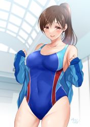 Rule 34 | 1girl, blue one-piece swimsuit, breasts, brown hair, competition swimsuit, gen (enji), highres, idolmaster, idolmaster cinderella girls, idolmaster cinderella girls starlight stage, indoors, jacket, large breasts, nitta minami, one-piece swimsuit, ponytail, swimsuit, undressing