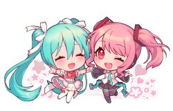 Rule 34 | 2girls, ;d, ^ ^, aqua hair, aqua necktie, bang dream!, black legwear, blush, bow, bowtie, chibi, closed eyes, collared shirt, commentary, cosplay, costume switch, detached sleeves, flower, frills, grey shirt, hair ribbon, hatsune miku, hatsune miku (cosplay), heart, holding hands, long hair, looking at viewer, maruyama aya, maruyama aya (cosplay), miniskirt, multiple girls, musical note, necktie, ng (kimjae737), one eye closed, open mouth, outstretched arms, pink bow, pink eyes, pink hair, pink neckwear, pleated skirt, pointing, ribbon, round teeth, shirt, sidelocks, skirt, smile, spread arms, standing, standing on one leg, star (symbol), strap, symbol-only commentary, teeth, thighhighs, tie clip, twintails, upper teeth only, very long hair, vocaloid, white legwear, white ribbon, wrist bow