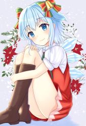 Rule 34 | 1girl, adapted costume, alternate color, alternate footwear, alternate headwear, bad id, bad twitter id, bare legs, bell, blue background, blue eyes, blue hair, boots, bow, brown footwear, christmas, cirno, dress, flower, from side, hair bell, hair between eyes, hair bow, hair ornament, hand on own knee, ice, ice wings, knee boots, legs together, looking at viewer, nibosi, no nose, red dress, red flower, short hair, short sleeves, sitting, smile, touhou, two side up, wings