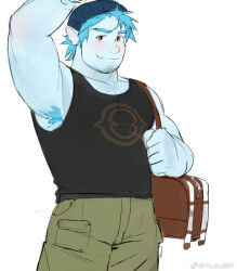 Rule 34 | 1boy, arm up, armpit hair, armpits, bag, bara, barley lightfoot, beanie, black tank top, blue hair, blue skin, blush, colored skin, facial hair, feet out of frame, goatee stubble, hat, large pectorals, looking at viewer, male focus, muscular, muscular male, onward, pectoral cleavage, pectorals, pointy ears, presenting armpit, short hair, shoulder bag, smile, solo, standing, stubble, tank top, thick eyebrows, yuuko (yuuko891)