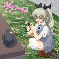 Rule 34 | 1girl, :d, ada badguy, alternate costume, anchovy (girls und panzer), bench, black ribbon, blue neckwear, bracelet, brown footwear, camera, cat, cat day, dated, drill hair, full body, girls und panzer, green hair, grey skirt, grey vest, hair ribbon, highres, holding, holding camera, italian flag print, jewelry, loafers, long hair, necktie, open mouth, red eyes, ribbon, school uniform, shirt, shoes, short sleeves, skirt, smile, squatting, striped neckwear, thighhighs, twin drills, vest, white shirt, white thighhighs
