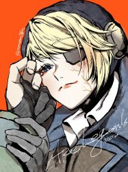Rule 34 | 1boy, 1girl, animification, apex legends, black eyes, black headwear, blonde hair, blue eyes, blue jacket, blush, character name, copyright name, crypto (apex legends), deep current wattson, eyepatch, facial scar, hair over one eye, head tilt, highres, holding another&#039;s arm, jacket, mozuwaka, one eye covered, orange background, pov, scar, scar on cheek, scar on face, smile, solo focus, twitter username, wattson (apex legends)
