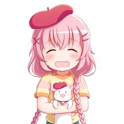 Rule 34 | 10s, 1girl, :3, :d, ^ ^, animal, animal hug, bell, beret, blush, braid, cat, closed eyes, collar, comic girls, commentary request, facing viewer, fang, goth risuto, hair between eyes, hair ornament, hairclip, hat, jingle bell, long hair, looking at viewer, low twintails, moeta kaoruko, neck bell, nyaos, open mouth, pink hair, red collar, red hat, shirt, short sleeves, sidelocks, simple background, smile, striped clothes, striped shirt, twin braids, twintails, very long hair, white background, white cat, x hair ornament