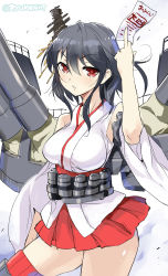 Rule 34 | 10s, 1girl, black hair, detached sleeves, hair ornament, highres, holding, kantai collection, looking at viewer, machinery, naitou ryuu, nontraditional miko, ofuda, pleated skirt, red eyes, sketch, skirt, solo, turret, twitter username, yamashiro (kancolle)