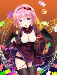 1girl basket bat_wings black_dress black_panties black_thighhighs blue_eyes blush breasts candy cleavage clothes_lift commentary_request cowboy_shot detached_collar dress dress_lift food gradient_background hairband halloween halloween_costume heart highres komeiji_satori lace lace-trimmed_panties lace_trim lifting_own_clothes looking_at_viewer medium_breasts orange_background panties pink_hair short_hair smile solo thighhighs touhou underwear wide_sleeves wings yuuforia