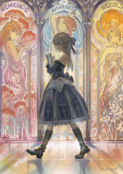 Rule 34 | 1girl, art nouveau, bare shoulders, book, boots, brown hair, carrying, dress, elbow gloves, from side, full body, gloves, hair ribbon, hjl, layered dress, long hair, original, pixiv fantasia, pixiv fantasia t, purple gloves, red eyes, reflection, reflective floor, ribbon, signature, silver hair, solo, stained glass, strapless, strapless dress, walk-in, walking