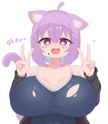 Rule 34 | 1girl, :d, absurdres, ahoge, alternate costume, animal ear fluff, animal ears, bare shoulders, black hoodie, blue one-piece swimsuit, blush, breasts, bright pupils, cat ears, cat girl, cat tail, character name, collarbone, commentary, commentary request, competition swimsuit, covered navel, double v, english commentary, fang, food, gabai, hair between eyes, hands up, heart, highres, hololive, hood, hoodie, huge breasts, long sleeves, looking at viewer, medium hair, mixed-language commentary, nekomata okayu, off shoulder, one-piece swimsuit, onigiri, open clothes, open hoodie, open mouth, purple eyes, purple hoodie, school swimsuit, simple background, skin fang, smile, solo, swimsuit, tail, torn clothes, torn swimsuit, upper body, v, variant set, virtual youtuber, white background, white pupils
