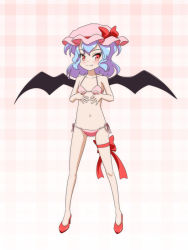 Rule 34 | &gt;:3, 1girl, :3, alternate costume, bat wings, bikini, blue hair, bow, cato (monocatienus), child, commentary request, fang, fang out, flat chest, full body, hands on own chest, hat, hat bow, high heels, leg ribbon, looking at viewer, mob cap, navel, petite, pink bikini, plaid, plaid background, red eyes, remilia scarlet, ribbon, shoes, short hair, side-tie bikini bottom, solo, swimsuit, thigh ribbon, touhou, v-shaped eyebrows, wavy hair, wings