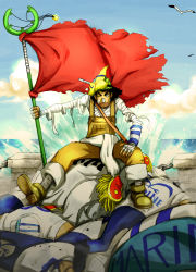 Rule 34 | 1boy, bandages, black hair, enies lobby, flag, highres, male focus, mask, ocean, one eye closed, one piece, overalls, pile, sitting, slingshot (weapon), solo, uniform, usopp, wink