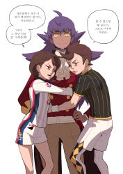 Rule 34 | 1girl, 2boys, ahoge, bob cut, brown eyes, brown hair, buttons, champion uniform, closed mouth, commentary, creatures (company), eye contact, eyelashes, facial hair, game freak, gloria (pokemon), highres, korean text, leggings, leon (pokemon), long hair, long sleeves, looking at another, multiple boys, nintendo, open mouth, pokemon, pokemon swsh, purple hair, redlhzz, shirt, short hair, shorts, side slit, side slit shorts, smile, speech bubble, teeth, translation request, victor (pokemon), white shorts, white wristband, yellow eyes