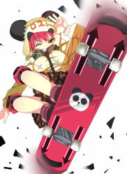 Rule 34 | 1girl, breasts, green eyes, grin, knee pads, large breasts, motion blur, one eye closed, original, panda, red hair, reko (torinegi), shirt, skateboard, smile, solo, taut clothes, taut shirt, torinegimiso, white background, wink