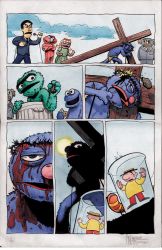 Rule 34 | 1girl, 6+boys, blood, comic, cookie monster, cosplay, cross, crucifixion, elmo, grover, guy smiley, highres, jesus, jesus christ (cosplay), multiple boys, no humans, oscar the grouch, parody, sesame street, silent comic, slimey the worm, teeny little super guy, what