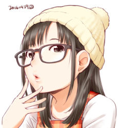 Rule 34 | 10s, 1girl, 2016, :o, beanie, bobblehat, brown-framed eyewear, brown eyes, brown hair, character request, checkered clothes, checkered dress, collarbone, dated, dress, glasses, hat, idolmaster, idolmaster cinderella girls, lips, long hair, nagian, parted lips, pinafore dress, shirt, sleeveless, sleeveless dress, solo, upper body, white shirt, yellow hat