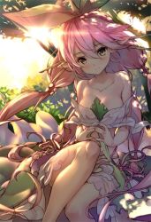 Rule 34 | 10s, 1girl, bare shoulders, blush, breasts, cleavage, granblue fantasy, hong (white spider), in tree, large breasts, leaf, long hair, looking at viewer, monster girl, pink hair, plant girl, sitting, smile, solo, thighs, tree, very long hair, wide sleeves, yellow eyes, yggdrasill (granblue fantasy)