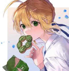 Rule 34 | 1girl, ahoge, artoria pendragon (all), artoria pendragon (fate), bad id, bad twitter id, blonde hair, blue ribbon, fate/stay night, fate (series), from side, green eyes, hair between eyes, hair ribbon, highres, long sleeves, looking at viewer, mouth hold, ribbon, saber (fate), shimatori (sanyyyy), shirt, short hair, sidelocks, solo, upper body, white shirt