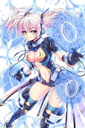 Rule 34 | 1girl, black gloves, black legwear, breasts, cleavage, gloves, headset, highres, iggy (soccer spirits), looking at viewer, magic circle, navel, official art, pink hair, reason (ficafe), smile, soccer spirits, solo, standing, transparent background, twintails, yellow eyes