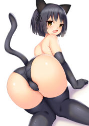 Rule 34 | 1girl, all fours, animal ears, ass, black gloves, black panties, black thighhighs, blunt bangs, bob cut, cat ears, cat girl, cat tail, dutch angle, elbow gloves, female focus, from behind, gloves, looking at viewer, looking back, open mouth, original, panties, shiny skin, short hair, simple background, solo, tail, thighhighs, topless, toshishikisai, underwear, underwear only, v-shaped eyebrows, white background