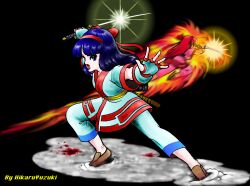 Rule 34 | 1girl, ainu clothes, artist name, attack, blue hair, breasts, fighting stance, fingerless gloves, gloves, grey eyes, hair ribbon, highres, legs, long hair, nakoruru, open mouth, pants, ribbon, samurai spirits, small breasts, smile, snk, the king of fighters, thighs, weapon