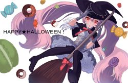 Rule 34 | 1girl, absurdres, black capelet, black hat, blush, broom, buttons, candy, capelet, commentary request, double-breasted, doughnut, food, frilled skirt, frills, gloves, grey gloves, grey skirt, hair between eyes, happy halloween, hat, high-waist skirt, highres, long hair, maruchi, neck ribbon, original, parted lips, pink hair, red eyes, red ribbon, ribbon, simple background, skirt, solo, twintails, very long hair, white background