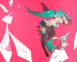 Rule 34 | 1girl, ahoge, bad id, bad pixiv id, detached sleeves, df=6, floating hair, green eyes, green hair, hatsune miku, long hair, matching hair/eyes, motor vehicle, necktie, open mouth, scooter, simple background, skirt, solo, thighhighs, twintails, valentine, vehicle, very long hair, vocaloid