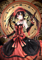 Rule 34 | 1girl, absurdres, asymmetrical hair, black hair, breasts, choker, cleavage, clock, clock eyes, date a live, detached sleeves, dress, dual wielding, gothic lolita, gun, hairband, heterochromia, highres, holding, holding gun, holding weapon, lolita fashion, lolita hairband, long hair, looking at viewer, medium breasts, neck ribbon, parted lips, red dress, red eyes, red ribbon, ribbon, sleeveless, sleeveless dress, smile, solo, standing, symbol-shaped pupils, tokisaki kurumi, twintails, weapon, yellow eyes, yeluno meng