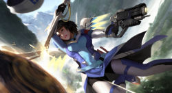 Rule 34 | 1girl, alternate color, alternate hairstyle, arm up, armband, beret, black hair, blue bodysuit, blue eyes, blue sky, blurry, bodysuit, breasts, cangkong, combat medic ziegler, commentary request, depth of field, finger on trigger, foreshortening, gloves, gun, handgun, hat, highres, holding, holding gun, holding staff, holding weapon, lips, long sleeves, looking at viewer, mechanical wings, medium breasts, official alternate costume, outdoors, overwatch, overwatch 1, parted lips, pistol, short hair, sky, solo, staff, unworn hat, unworn headwear, weapon, white hat, wings