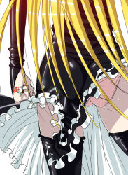 Rule 34 | 1girl, ass, black dress, black thighhighs, blonde hair, blood, bridal gauntlets, clothes lift, dress, dress lift, elbow gloves, female focus, from behind, gloves, hime (kaibutsu oujo), hinoki (hinoki-buro), kaibutsu oujo, long hair, panties, pen, pink panties, solo, thighhighs, underwear, very long hair, wind, wind lift