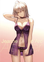 Rule 34 | 1girl, ahoge, arm up, armpits, babydoll, bare arms, bare shoulders, black bow, black panties, bow, bow panties, breasts, character name, choker, cleavage, collarbone, cowboy shot, fate/grand order, fate (series), gradient background, head tilt, highres, jeanne d&#039;arc (fate), jeanne d&#039;arc alter (avenger) (fate), jeanne d&#039;arc alter (fate), lace, lace-trimmed panties, lace trim, large breasts, legs apart, lingerie, looking at viewer, mashuu (neko no oyashiro), navel, negligee, panties, parted lips, silver hair, solo, stomach, underwear, underwear only, white background, yellow eyes