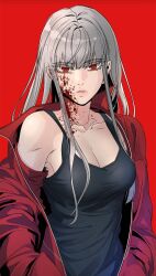 Rule 34 | 1girl, black shirt, blood, blood on face, closed mouth, hero killer, highres, ihwa (hero killer), long hair, looking at viewer, red eyes, red sweater, serious, shirt, solo, sweater, very long hair, white hair