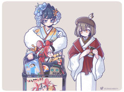 Rule 34 | 3girls, animal ears, black hair, blue eyes, boros (ouro kronii), braid, braided bangs, brown eyes, brown hair, cup ramen, feathers, flower, flower on head, food, friend (nanashi mumei), groceries, hair flower, hair ornament, hakos baelz, hakos baelz (new year), hololive, hololive english, in shopping cart, japanese clothes, kimono, long sleeves, minecraft, monja (monja0521), mouse ears, mouse girl, multicolored hair, multiple girls, nanashi mumei, nanashi mumei (new year), official alternate costume, open mouth, ouro kronii, ouro kronii (new year), red hair, red shawl, shawl, shopping cart, short hair, smile, steve (minecraft), streaked hair, twintails, virtual youtuber, white hair, worm