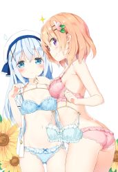 Rule 34 | 2girls, 3:, absurdres, ass, bare arms, bare shoulders, beret, blue bra, blue eyes, blue hair, blue panties, blush, bow, bow bra, bow panties, bra, breasts, closed mouth, clothes hanger, clothes in front, collarbone, embarrassed, flower, frilled bra, frilled panties, frills, gluteal fold, gochuumon wa usagi desu ka?, groin, hair between eyes, hair ornament, hairclip, hat, highres, holding, hoto cocoa, huge filesize, kafuu chino, kani biimu, light brown hair, long hair, looking at viewer, looking back, medium breasts, multiple girls, navel, no bra, open clothes, open shirt, panties, pink bra, pink panties, polka dot, polka dot bra, polka dot panties, purple eyes, scan, shirt, short sleeves, simple background, small breasts, smile, sparkle, stomach, sweatdrop, underwear, underwear only, very long hair, white background, white headwear, white shirt, x hair ornament, yellow flower