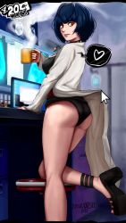 Rule 34 | ass, blue hair, breasts, brown eyes, clothes lift, coffee mug, cup, dress, dress lift, gluteal fold, heels, highres, lab coat, legs, lifting another&#039;s clothes, mug, nova kaiser, panties, persona, persona 5, short hair, sideboob, takemi tae, teasing, thighs, underwear