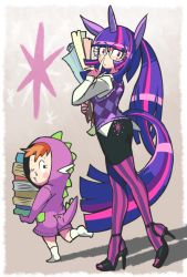 Rule 34 | 1boy, 1girl, animal ears, black skirt, book, costume, cutie mark, dress shirt, eyelashes, full body, gashi-gashi, glasses, height difference, high heels, hood, hoodie, horns, horse tail, long hair, miniskirt, multicolored hair, my little pony, my little pony: friendship is magic, no shoes, orange hair, pantyhose, parchment, personification, pink eyes, ponytail, purple hair, purple pantyhose, shadow, shirt, single horn, skirt, socks, spike (my little pony), striped clothes, striped pantyhose, tail, twilight sparkle, vertical stripes, vest, white pantyhose, white shirt